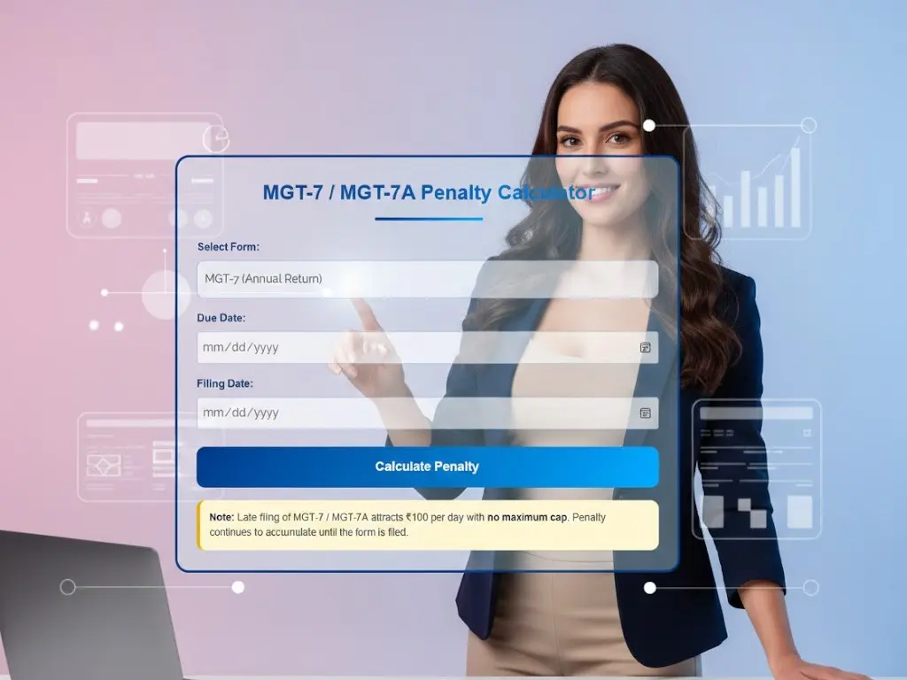 MGT-7 and MGT-7A penalty calculator interface for MCA annual return late fee calculation