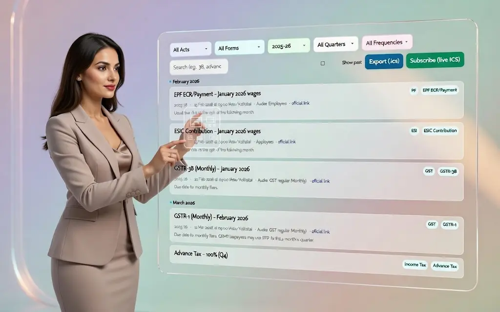 India Due Dates Calendar (GST, ITR, TDS) presenting by women
