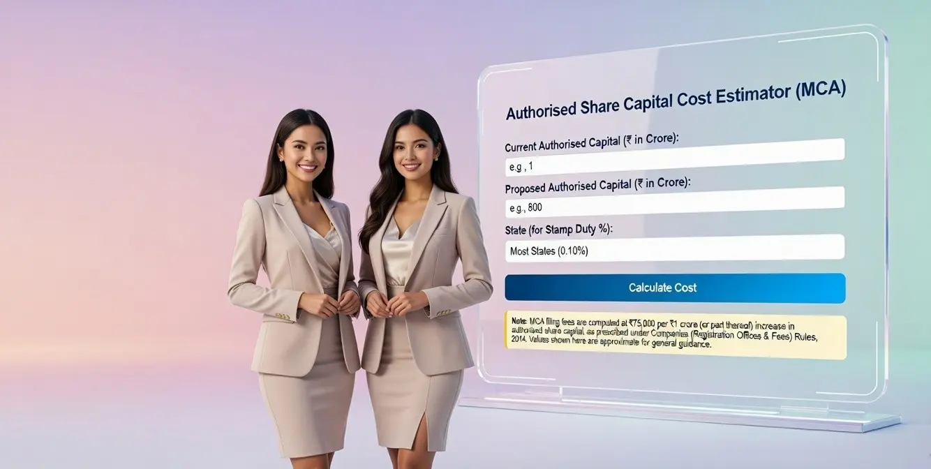 Authorised Share Capital Fee Calculator (MCA) tool to estimate ROC filing fees and stamp duty when increasing authorised share capital
