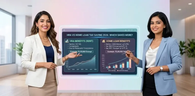 Tax comparison presentation showing HRA vs home loan tax saving 2026 benefits