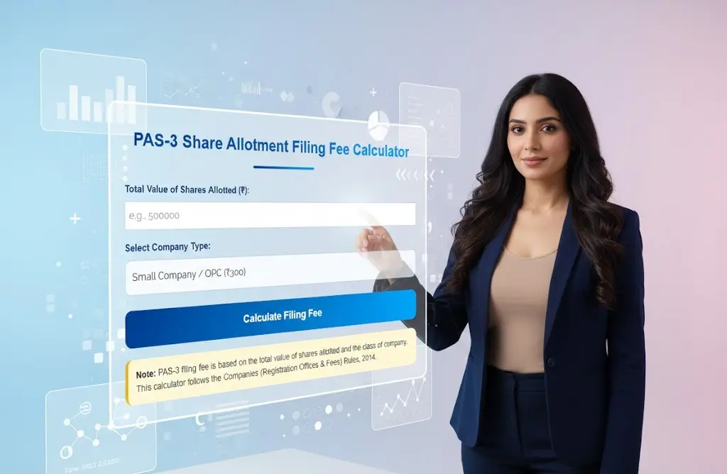 PAS-3 filing fee calculator for share allotment under Companies Act tool interface with professionals using finance compliance software