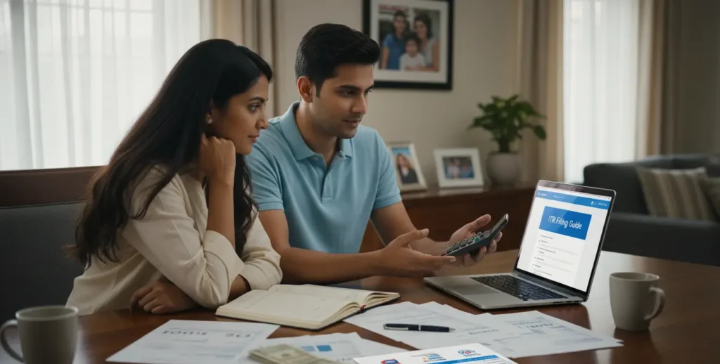 Indian couple discussing Income Tax Return filing and tax savings at dining table with laptop