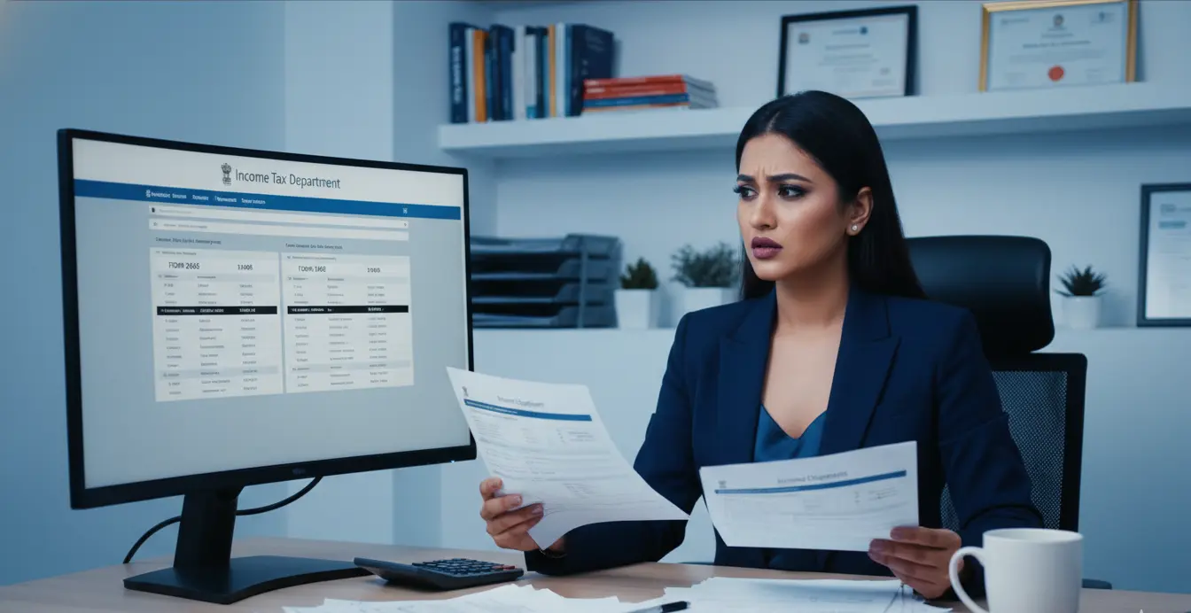 Female professional reviewing tax documents related to Form 26AS vs Form 168