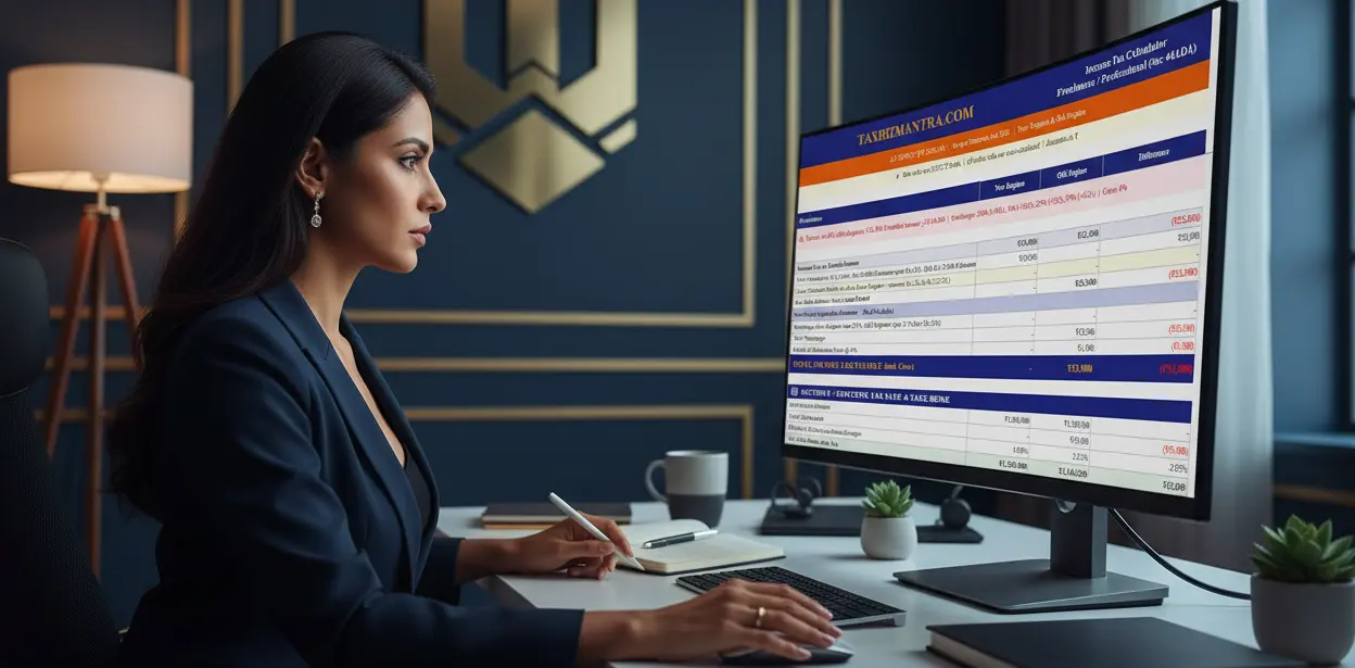 Professional freelancer using Freelancer Income Tax Calculator Excel under Section 44ADA for FY 2025-26