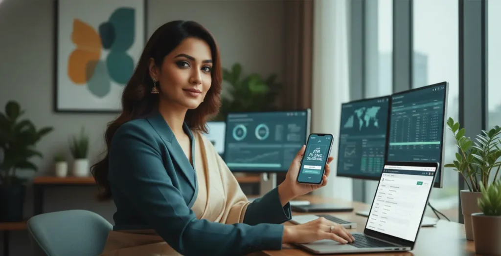 Indian taxpayer checking ITR Filing FY 2025-26 due dates and ITR forms on laptop