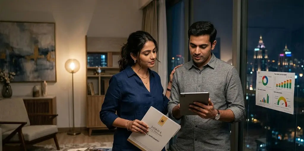 Minimalist premium editorial image of Indian couple discussing rent vs EMI decision with laptop and financial documents, elegant apartment interior, soft golden evening light, calm financial planning atmosphere, realistic photography, luxury finance blog style, modern wealth management theme, ultra realistic, 16:9