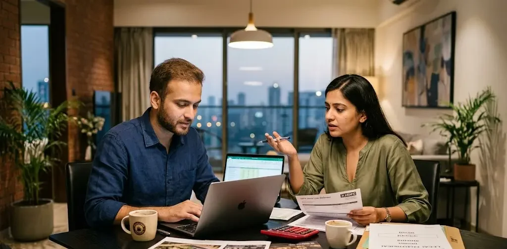 Indian couple discussing rent vs buy house in India with EMI calculations and financial planning