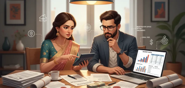 Indian couple calculating stamp duty and registration charges before buying a home in India