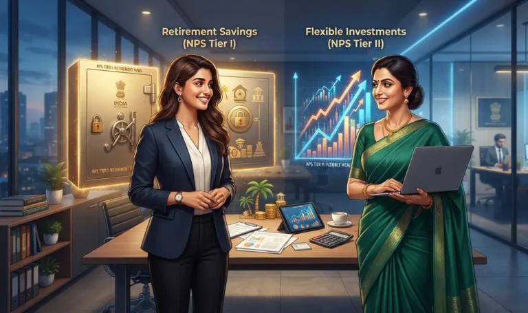 Indian professionals comparing NPS Tier I and Tier II key differences including tax benefits, withdrawals and retirement planning