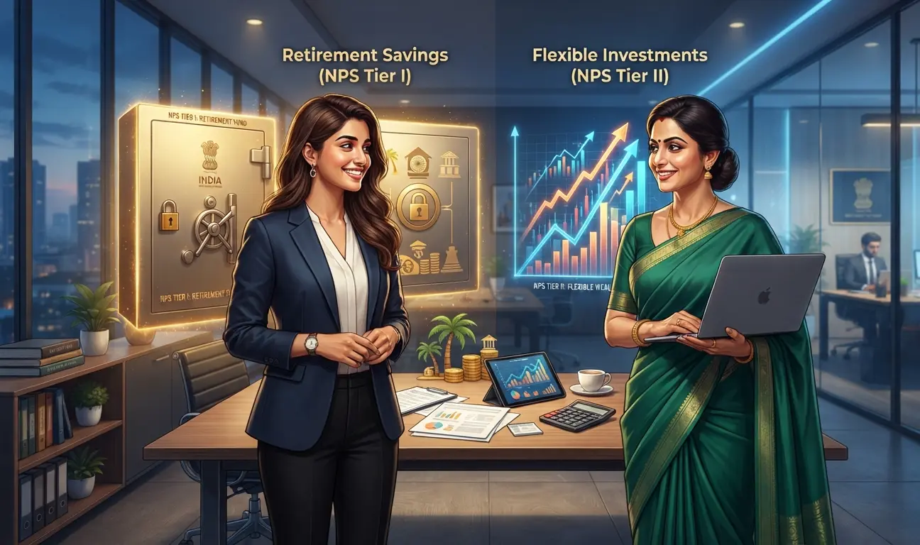 Indian professionals comparing NPS Tier I and Tier II key differences including tax benefits, withdrawals and retirement planning