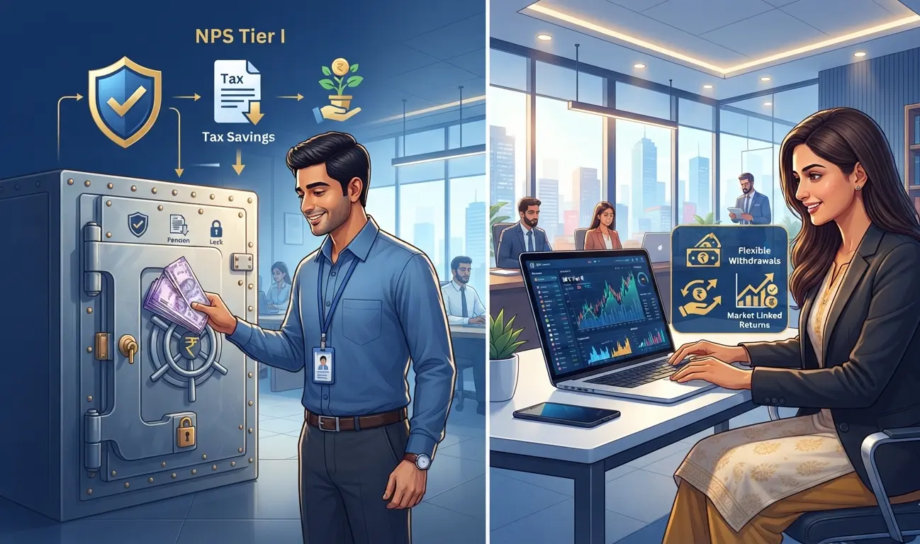NPS Tier I vs Tier II comparison showing retirement account and flexible investment account for Indian salaried employees and professionals