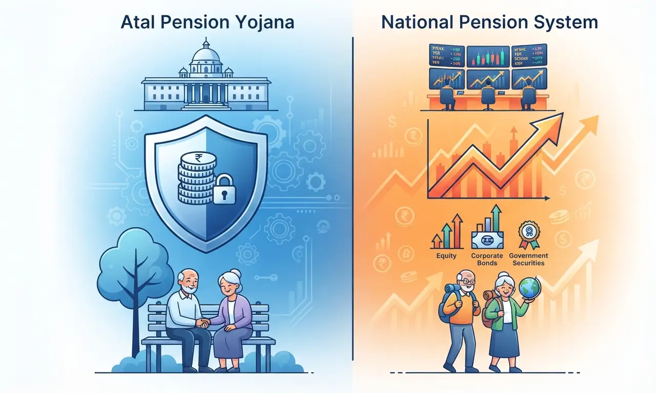 Atal Pension Yojana (APY) vs National Pension System (NPS) comparison showing eligibility, returns, contribution, pension, tax benefits and withdrawal rules