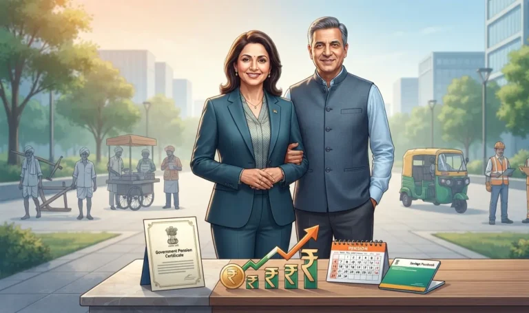 Young Indian couple planning retirement through Atal Pension Yojana (APY) with government-backed pension, savings, and long-term financial security