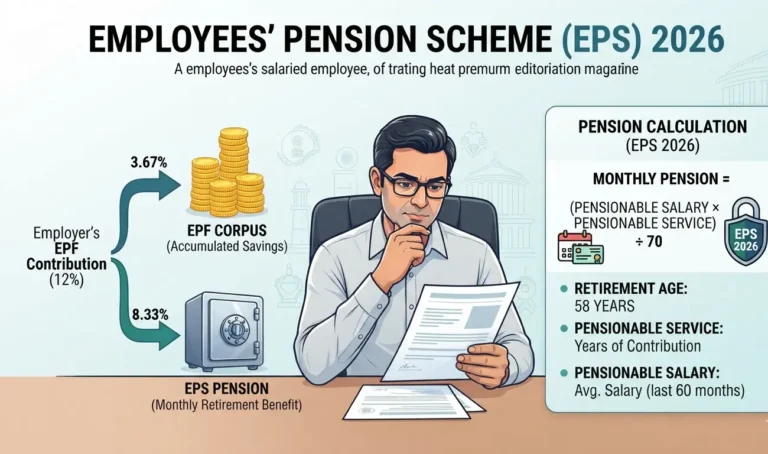 Employees' Pension Scheme (EPS) 2026 showing EPF contribution split, pension calculation formula and retirement pension benefits