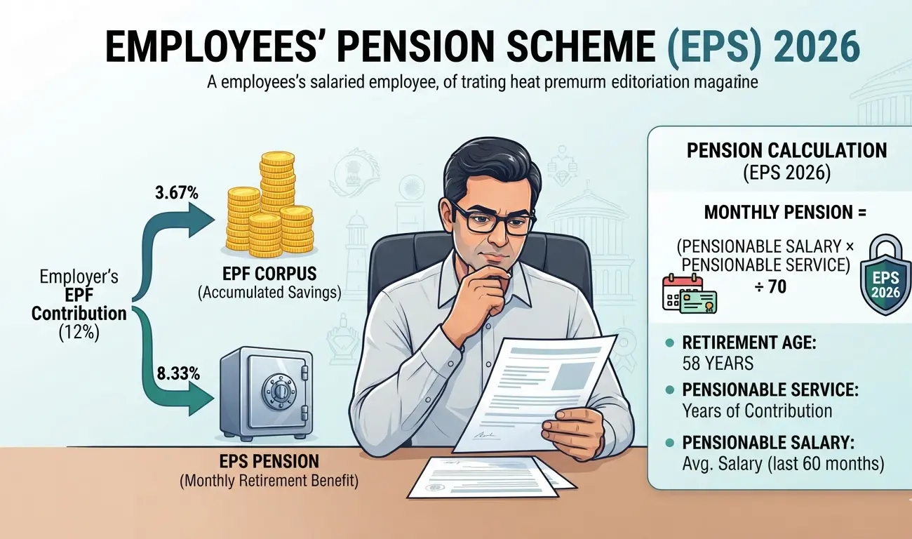 Employees' Pension Scheme (EPS) 2026 showing EPF contribution split, pension calculation formula and retirement pension benefits
