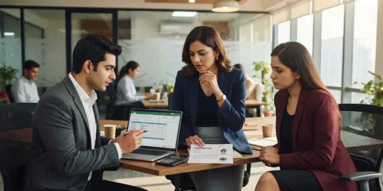 Corporate employee reviewing salary slip with HRA and LTA tax benefits