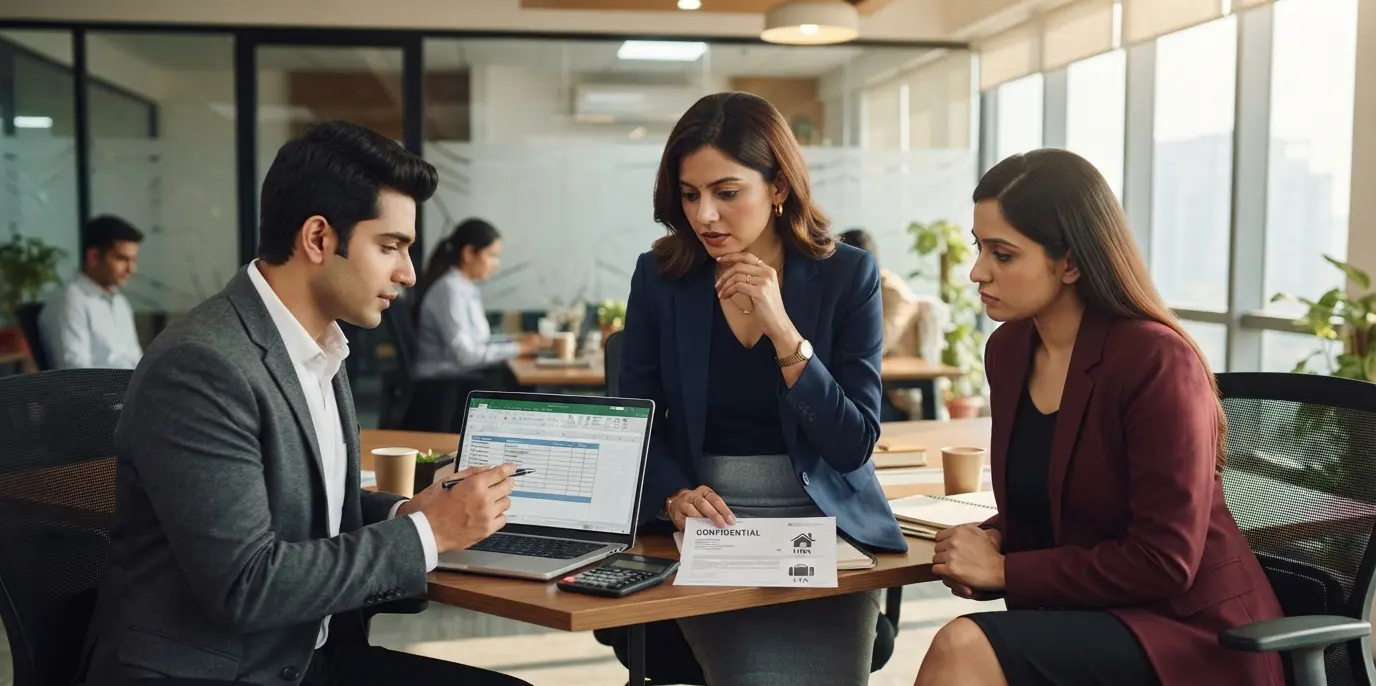 Corporate employee reviewing salary slip with HRA and LTA tax benefits