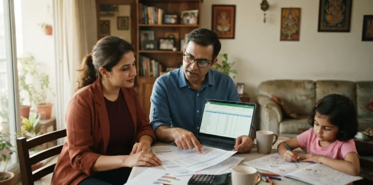 Indian couple updating their NPS fund manager, asset allocation and nominee online through the CRA portal for retirement planning.