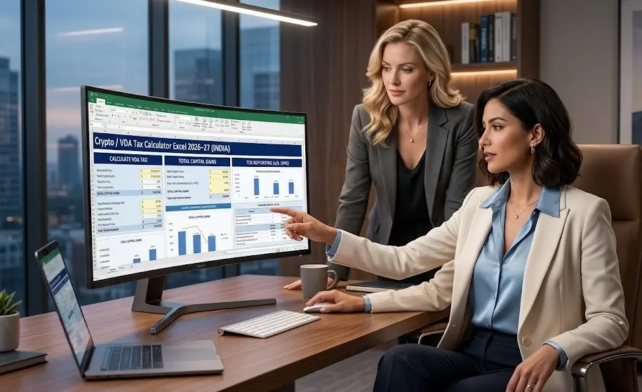 Crypto / VDA Tax Calculator Excel 2026–27 for calculating VDA tax, gains, losses and TDS