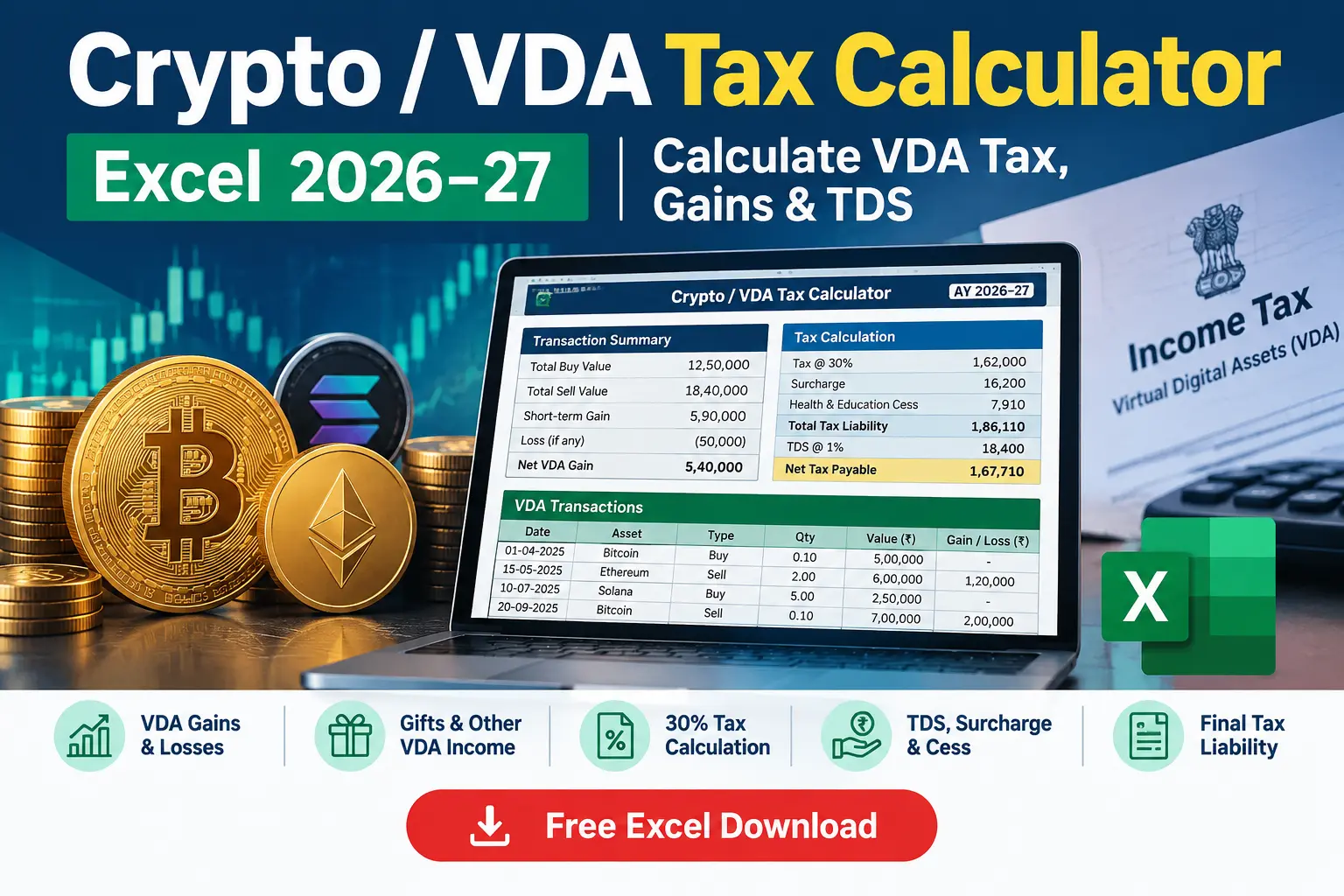 Crypto / VDA Tax Calculator Excel 2026–27 for calculating VDA tax, gains, losses and TDS