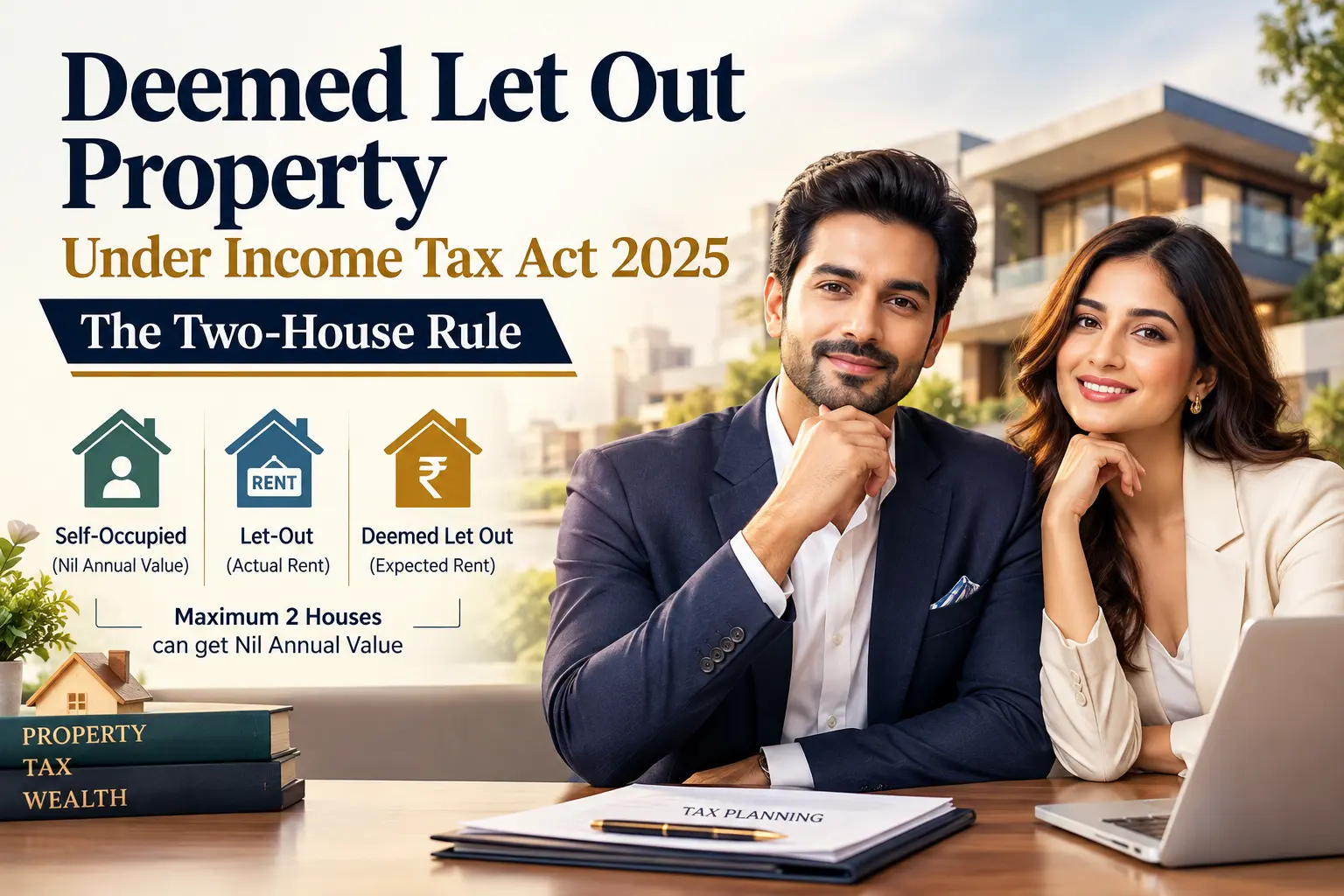 Deemed Let Out Property under Income Tax Act 2025 showing the two-house rule, self-occupied properties with Nil annual value and additional property taxed on expected rent