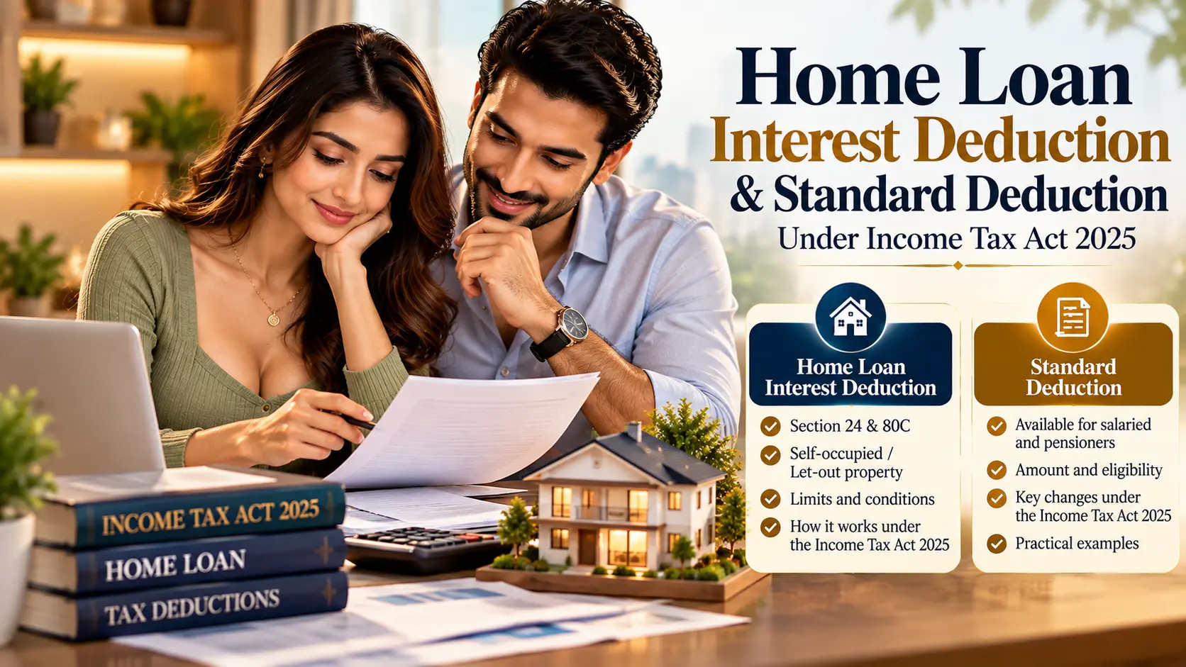 Home loan interest deduction and standard deduction under Income Tax Act 2025, with a professional couple reviewing home loan and tax documents