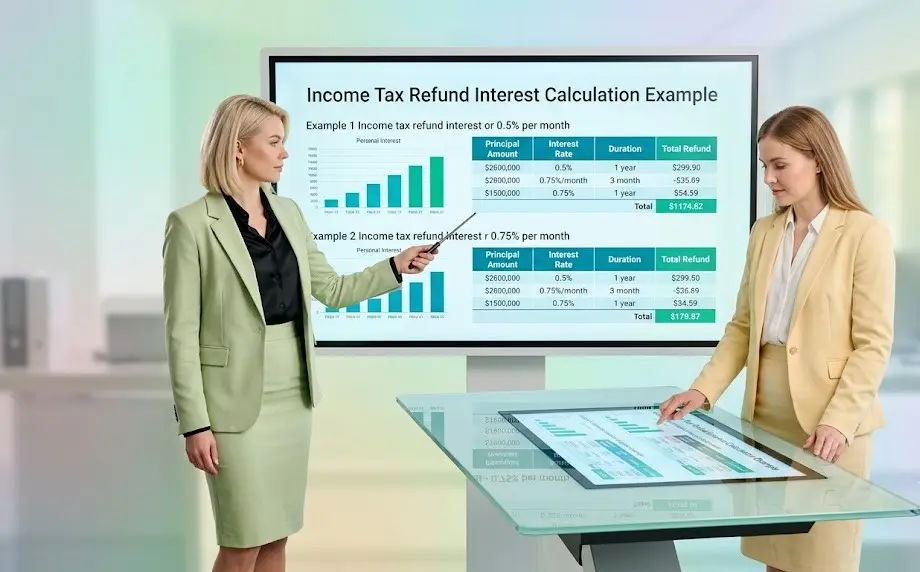 Income tax refund interest calculation example showing refund amount, interest period, applicable rate, and estimated interest