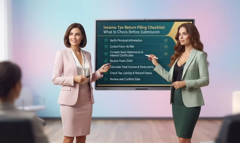 Income tax return filing checklist showing documents and final verification steps