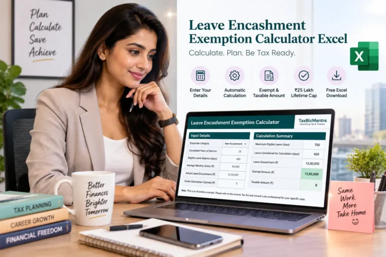 Leave Encashment Exemption Calculator Excel 2026-27 demonstrated by a professional corporate woman using a laptop
