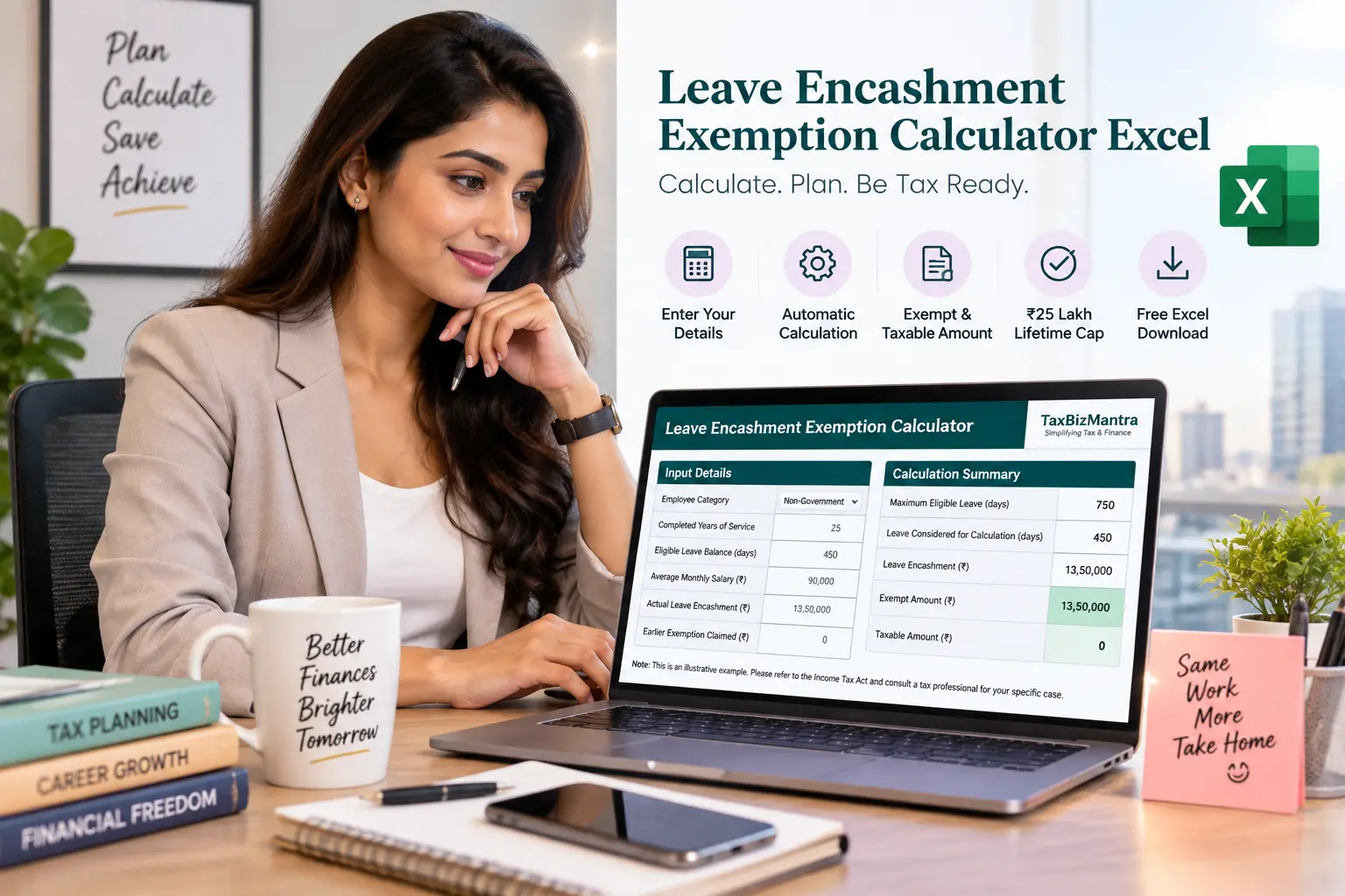 Leave Encashment Exemption Calculator Excel 2026-27 demonstrated by a professional corporate woman using a laptop