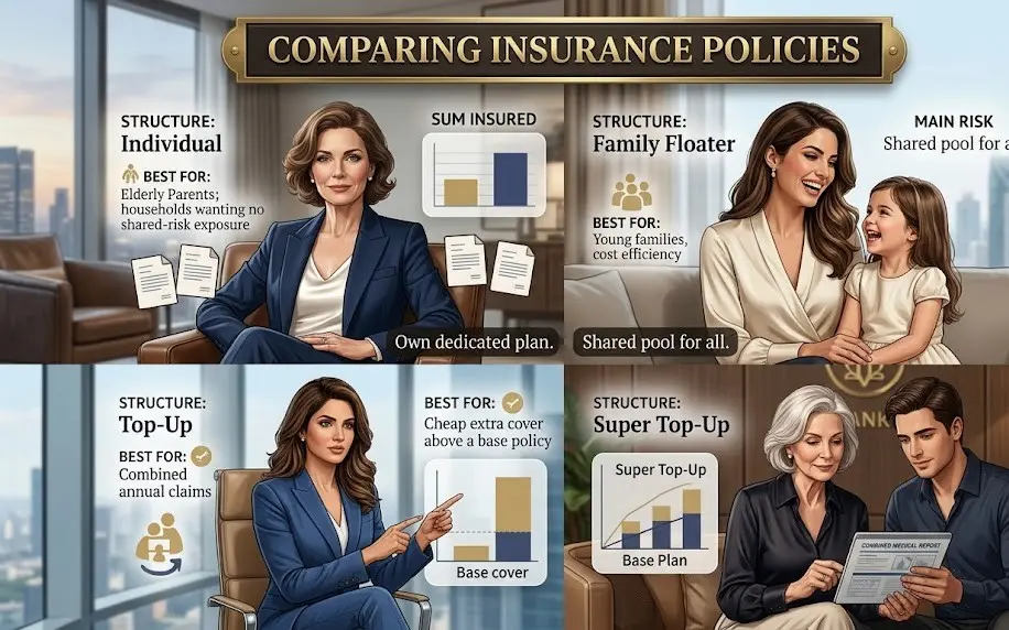 Quick comparison of individual, family floater and super top-up health insurance
