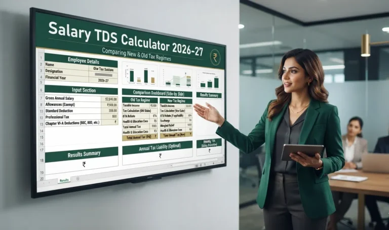 Salary TDS Calculator Excel Template for Tax Year 2026-27 showing New and Old Tax Regime comparison