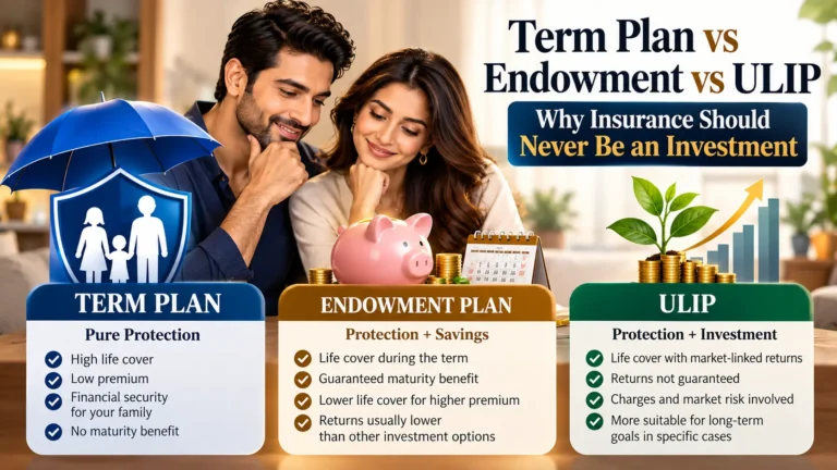 Term plan vs endowment plan vs ULIP comparison showing life protection, savings, market-linked investment and why insurance should not be treated as an investment
