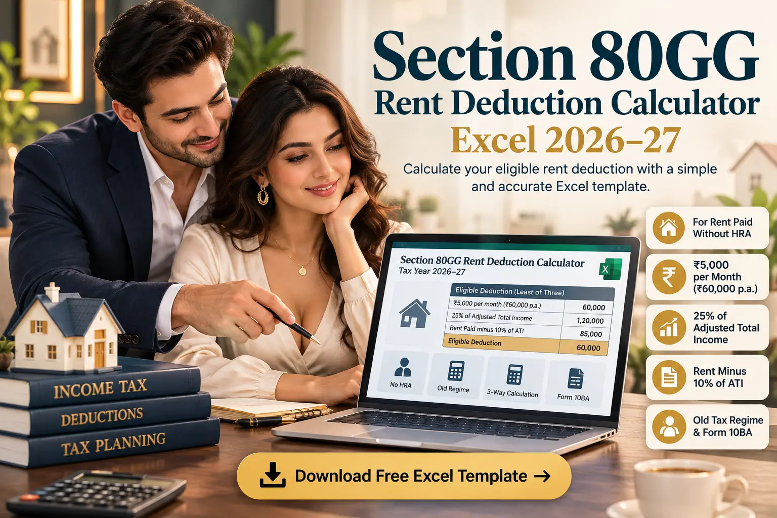 Section 80GG Rent Deduction Calculator 2026–27 Excel template with a stylish couple, rent deduction calculations, Form 10BA and income tax planning visuals