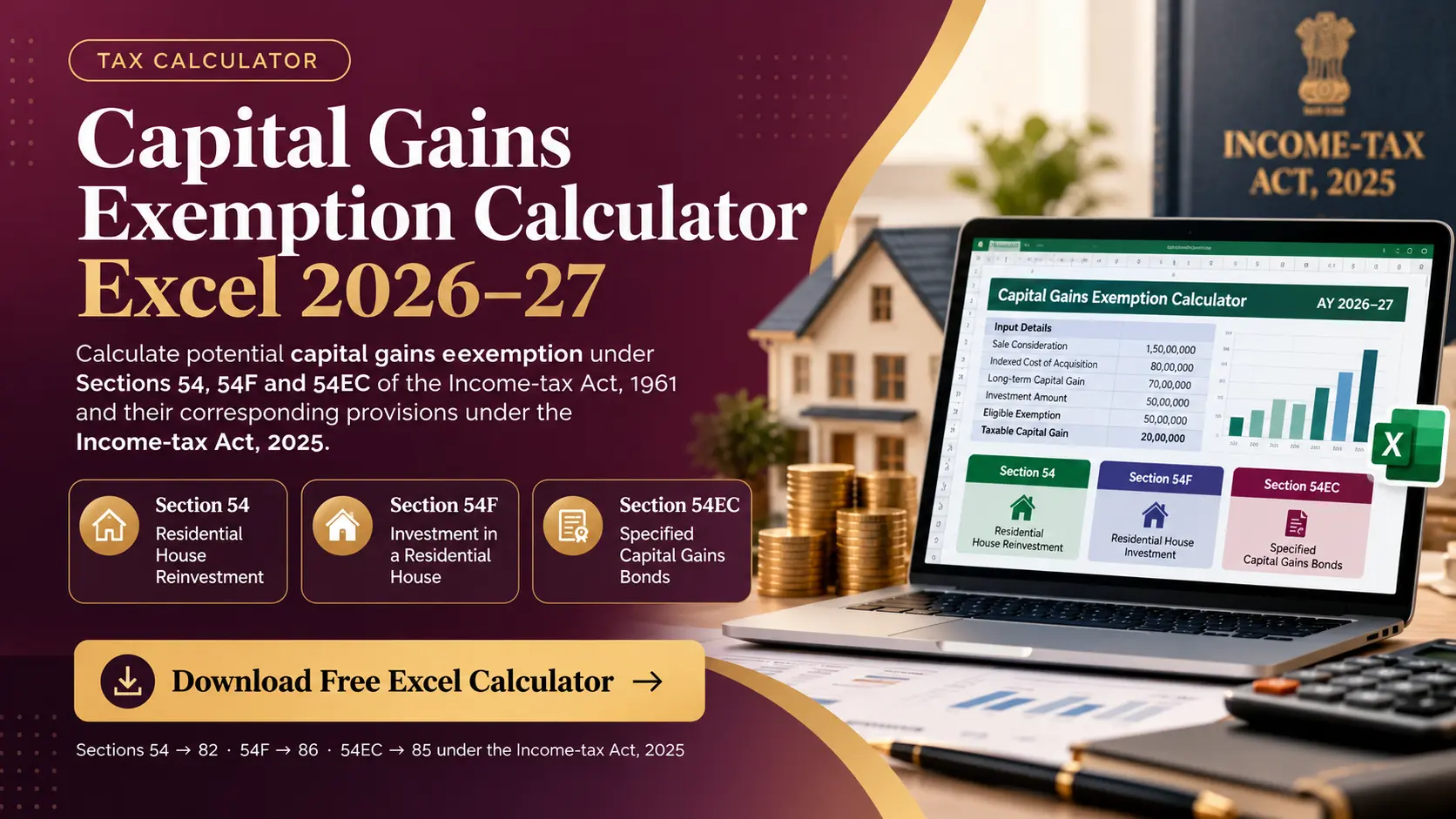 Capital Gains Exemption Calculator Excel 2026–27 for Sections 54, 54F and 54EC