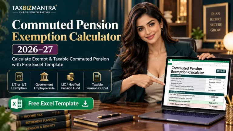 Commuted Pension Exemption Calculator Excel 2026-27 with professional woman presenting pension tax calculator