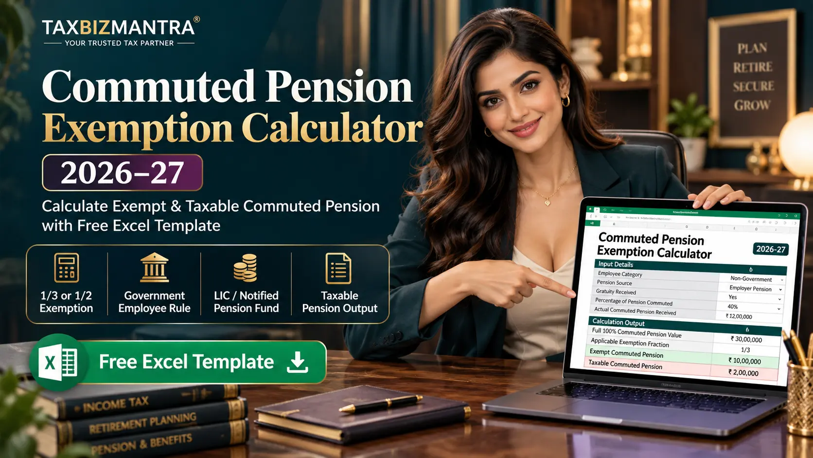Commuted Pension Exemption Calculator Excel 2026-27 with professional woman presenting pension tax calculator