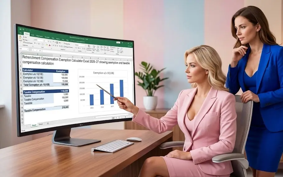 Retrenchment Compensation Exemption Calculator Excel 2026–27 showing exemption and taxable compensation calculation
