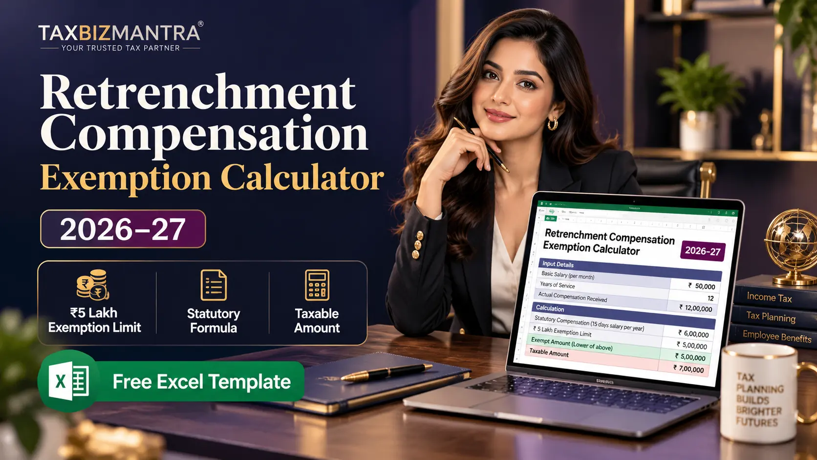 Retrenchment Compensation Exemption Calculator Excel 2026-27 with ₹5 lakh exemption limit