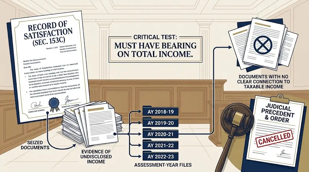 Section 153C satisfaction note linking seized documents to total income, the key legal principle applied by ITAT Delhi